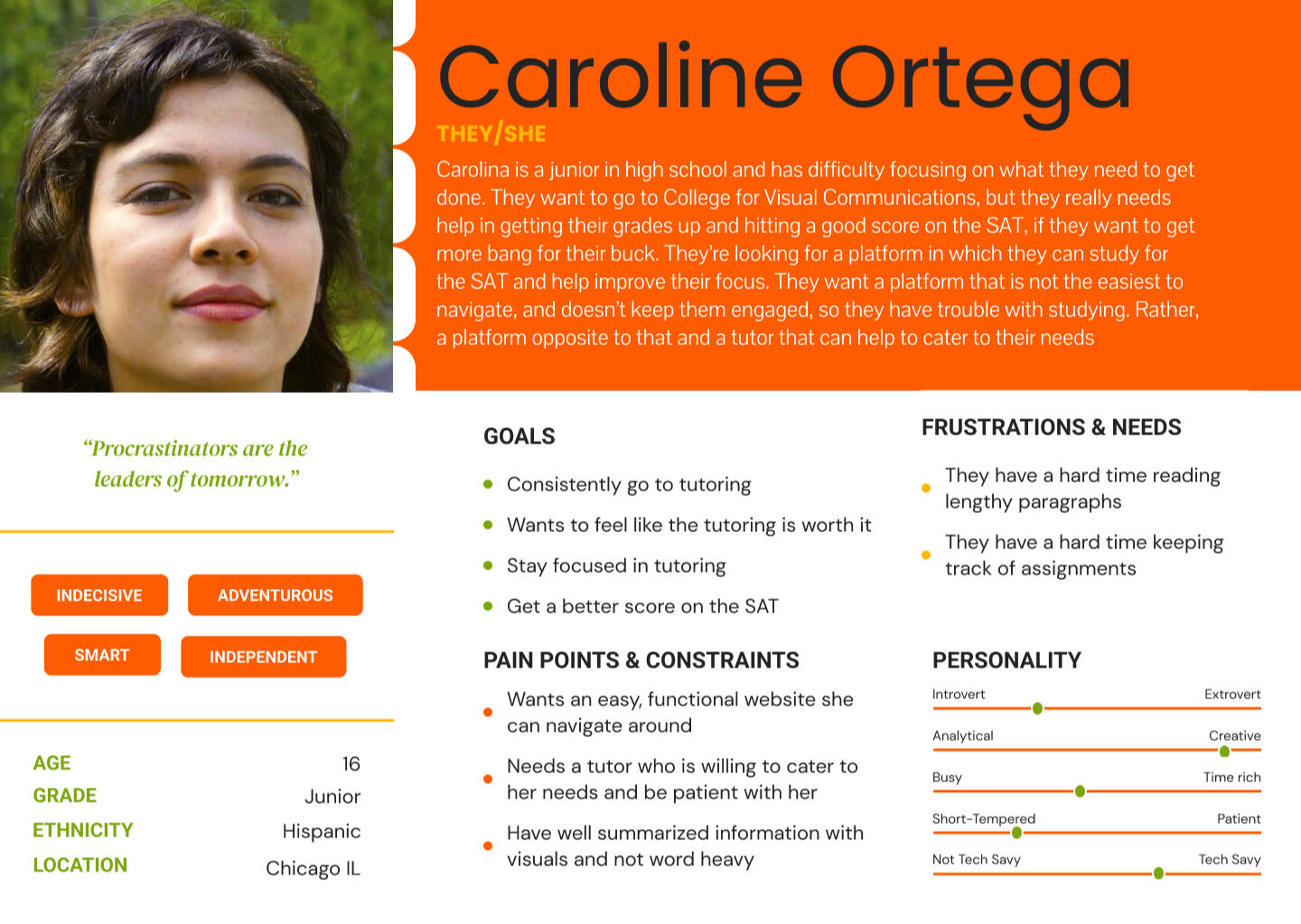 Persona: A profile that portrays a fictional yet realistic profile of a target user for your service, website, or product. Here I was able to fully flesh out Caroline Oretga as a person.