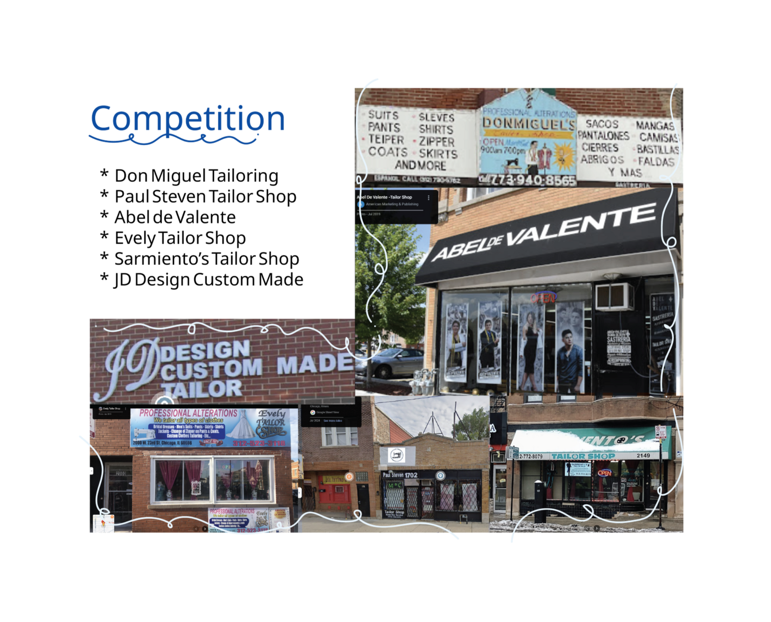 I went and found competing tailor shops around the area, and observed ways Elvia's shop would stand out in terms of branding and advertisement.